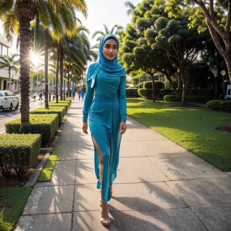 Sweet beautiful Bogor city girl, georgeus face, 22 years old, sundanese girl, slim body, wavy hairs, wearing hijab, high heel,long sleeve  dress, long skirt, realistic, very detail, no cartoon, walking on Bogor modern mall in the sunny morning, sun shine through her clothes,