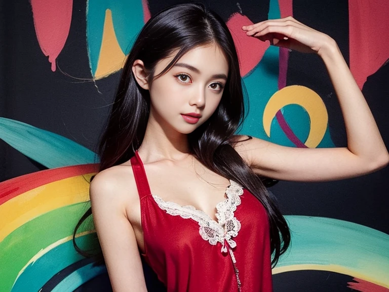 1girl,Sweet,smile,half body portrait,looks at viewer,large breasts,detailed, (masterpiece), (top quality), (best quality), (official art), (beautiful and aesthetic:1.2), (stylish pose), (1 woman), (colorful), (multicolor theme: 1.5), ppcp, medium length skirt, randdom pose, looking into distance, long wave black hair, show navel, random graceful pose, wearing a white tank top with lace, upper body,
perfect,ChineseWatercolorPainting,Chromaspots,fairy,pastelbg,1girl,Half Color,neon background,gongbiv,red dress,gongbi painting