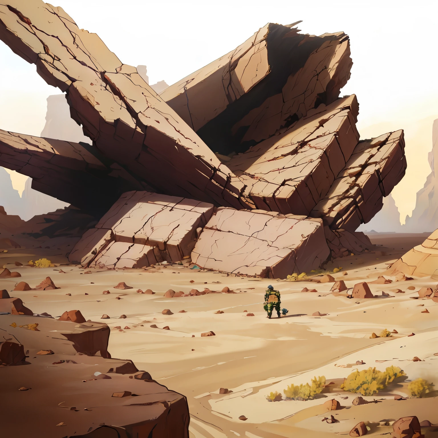 anime scene of a desert with a rock formation in the foreground, arte de fundo, ruined alien structures, Deserto Deserto, arte de fundowork, terreno baldio desolado, Arid Desert, anime scenery concept art, terra afiada de fundo, anime arte de fundo, em algum lugar nas areias do deserto, random background scene, paisagem quebrada, desert environment, attack on titan scenery, fundo de anime, destruction and cracks in the floor, amontoado de asfalto