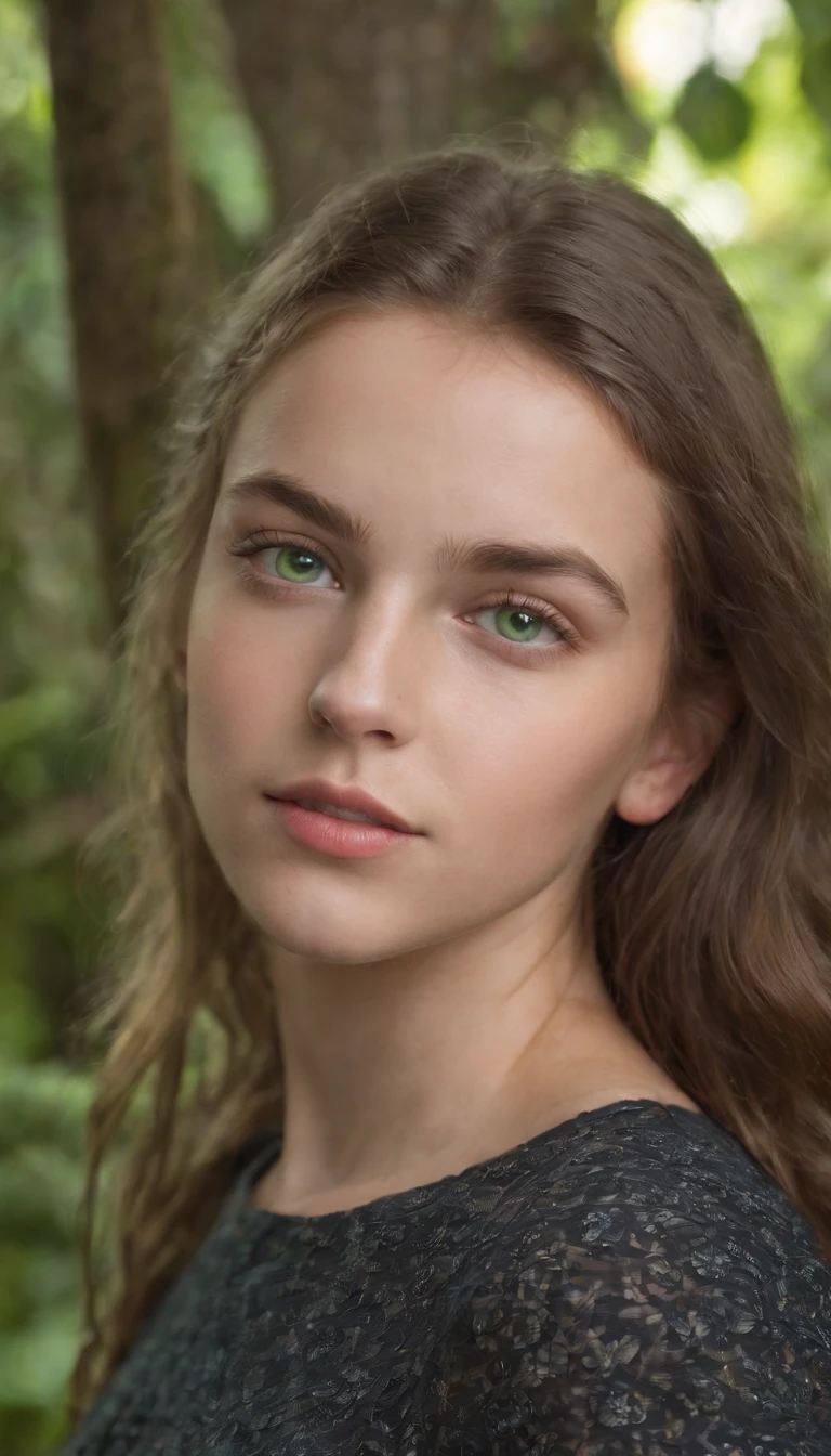 A realistic photo shot of a head face , 19 year old girl who has bright green eyes. Her look could be a beauty of the Dominica.