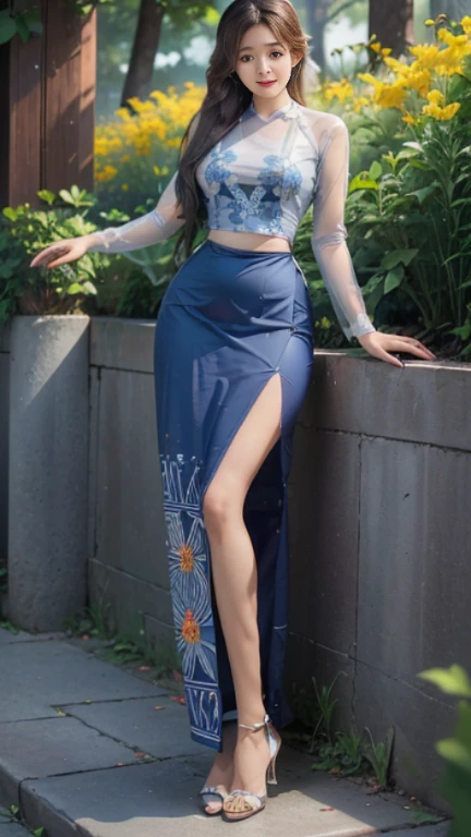 Burmese girl with attractive curvy full body. Friends full-length bikini, (green dress) reflective long dress painted with flower patterns, only dress. hi gh hips High resolution High resolution natural background High resolution HD 3D, 8K cartoon anime