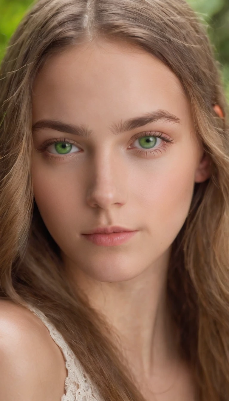 A realistic photo shot of a head face , 19 year old girl who has  bright green eyes. Her look could be a beauty of the Saint Kitts. 