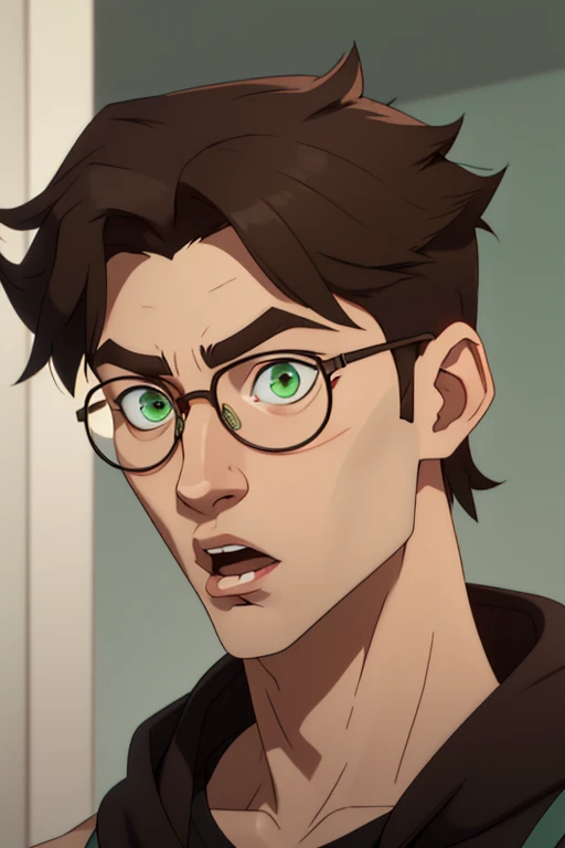 jon, a young guy in his 30s with asymmetric very short brown hair, green eyes with brown specs, a flat nose, smooth skin, slim athletic body, ((look to the side)), different perspectives, open mouth