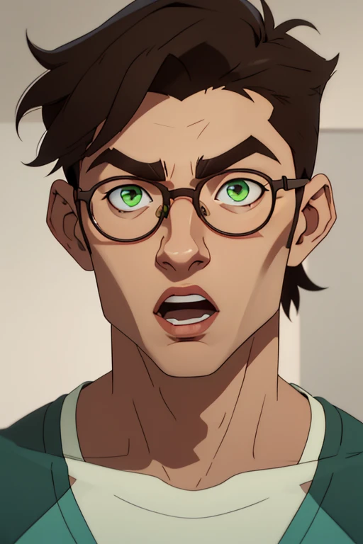 jon, a young guy in his 30s with asymmetric very short brown hair, green eyes with brown specs, a flat nose, smooth skin, slim athletic body, ((look to the side)), different perspectives, open mouth