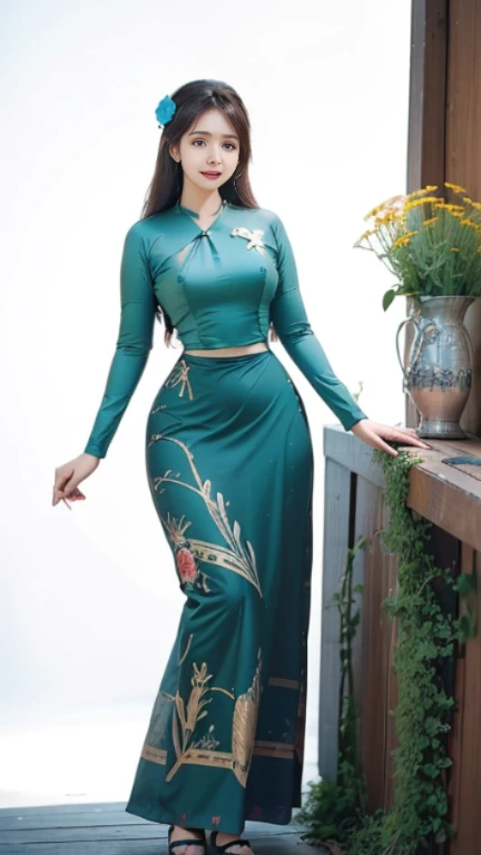 Burmese girl with attractive curvy full body.  Friends full-length bikini, (green dress) reflective long dress painted with flower patterns, only dress.  hi gh hips  High resolution  High resolution  natural background  High resolution  HD  3D,  8K cartoon anime 