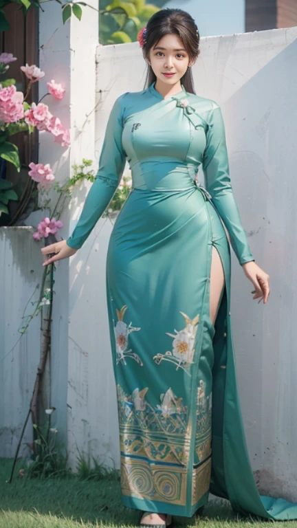 Burmese girl with attractive curvy full body.  Friends full-length bikini, (green dress) reflective long dress painted with flower patterns, only dress.  hi gh hips  High resolution  High resolution  natural background  High resolution  HD  3D,  8K cartoon anime 
