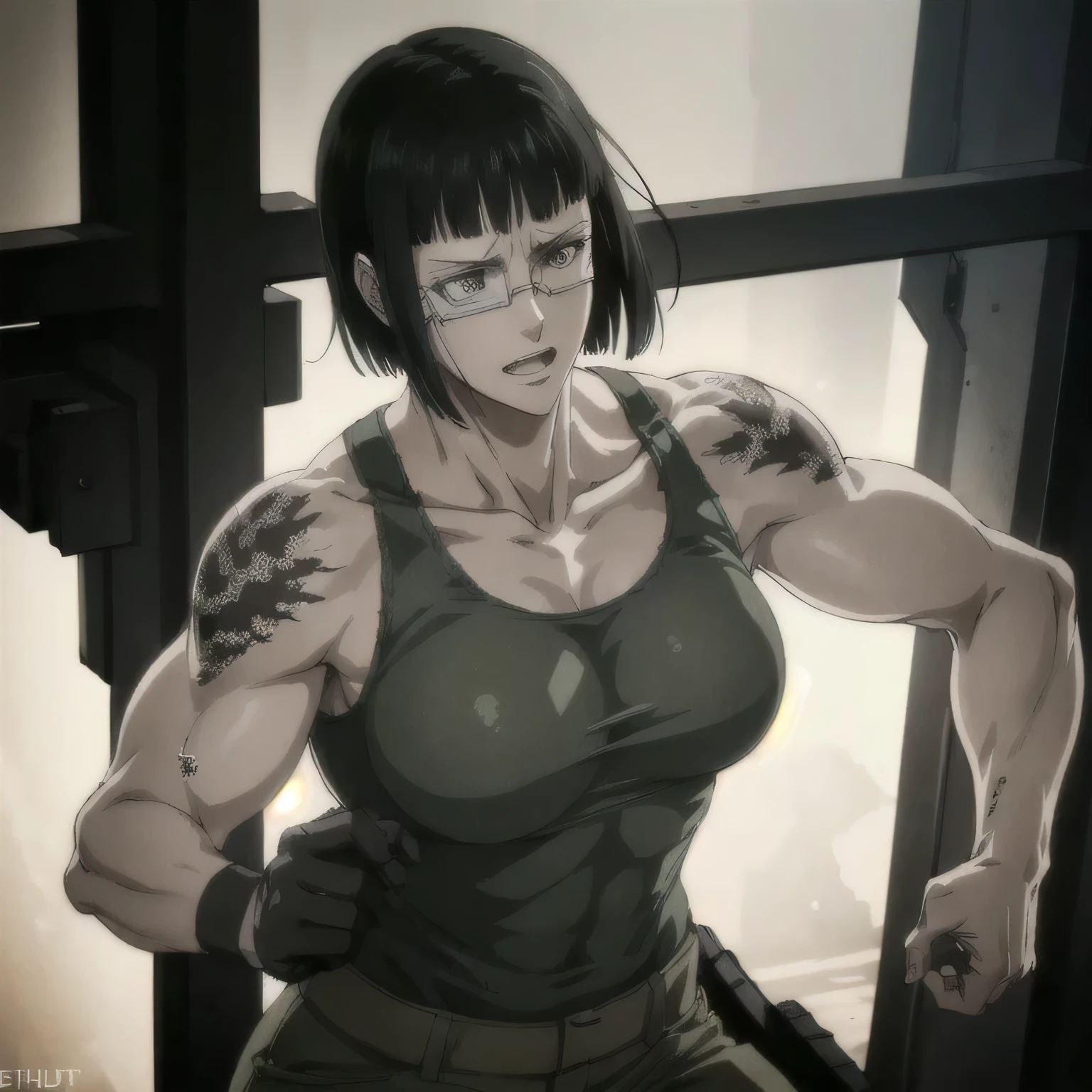 (best quality,ultra-detailed,realistic:1.37),musclaur badass girl wearing Camouflage tank top Camouflage combat trousers, full review of the female character's face and body, intense expression, strong and confident posture, studio lighting, vivid colors, physiologically-based rendering, grungy texture, rugged background, dust particles in the air, commanding presence, professional, powerful, gritty aesthetics,,Valmet،short hair,,tattoos on back,muscles back