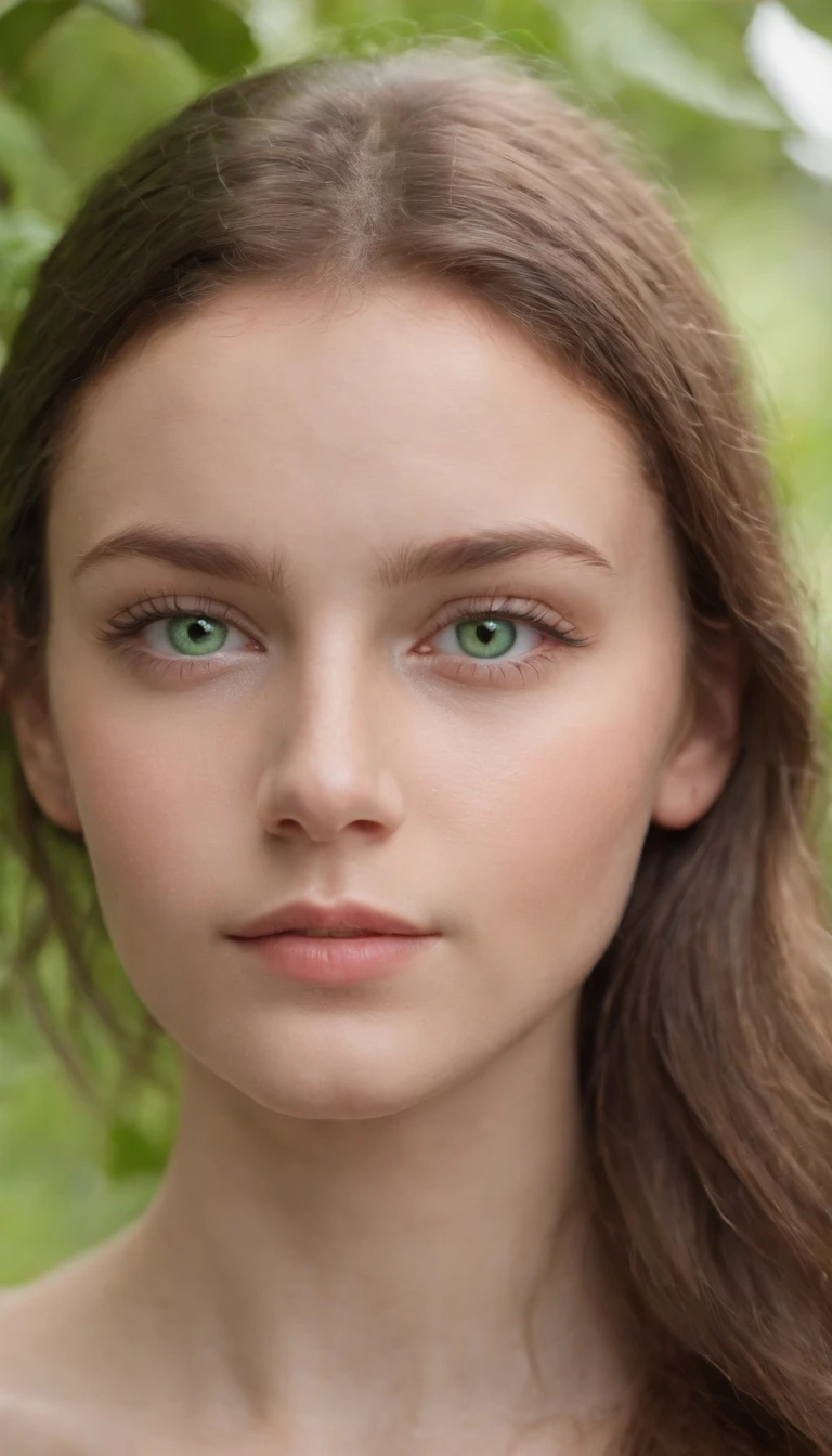 A realistic photo shot of a head face , 19 year old girl who has bright green eyes. Her look could be a beauty of the Nevis .