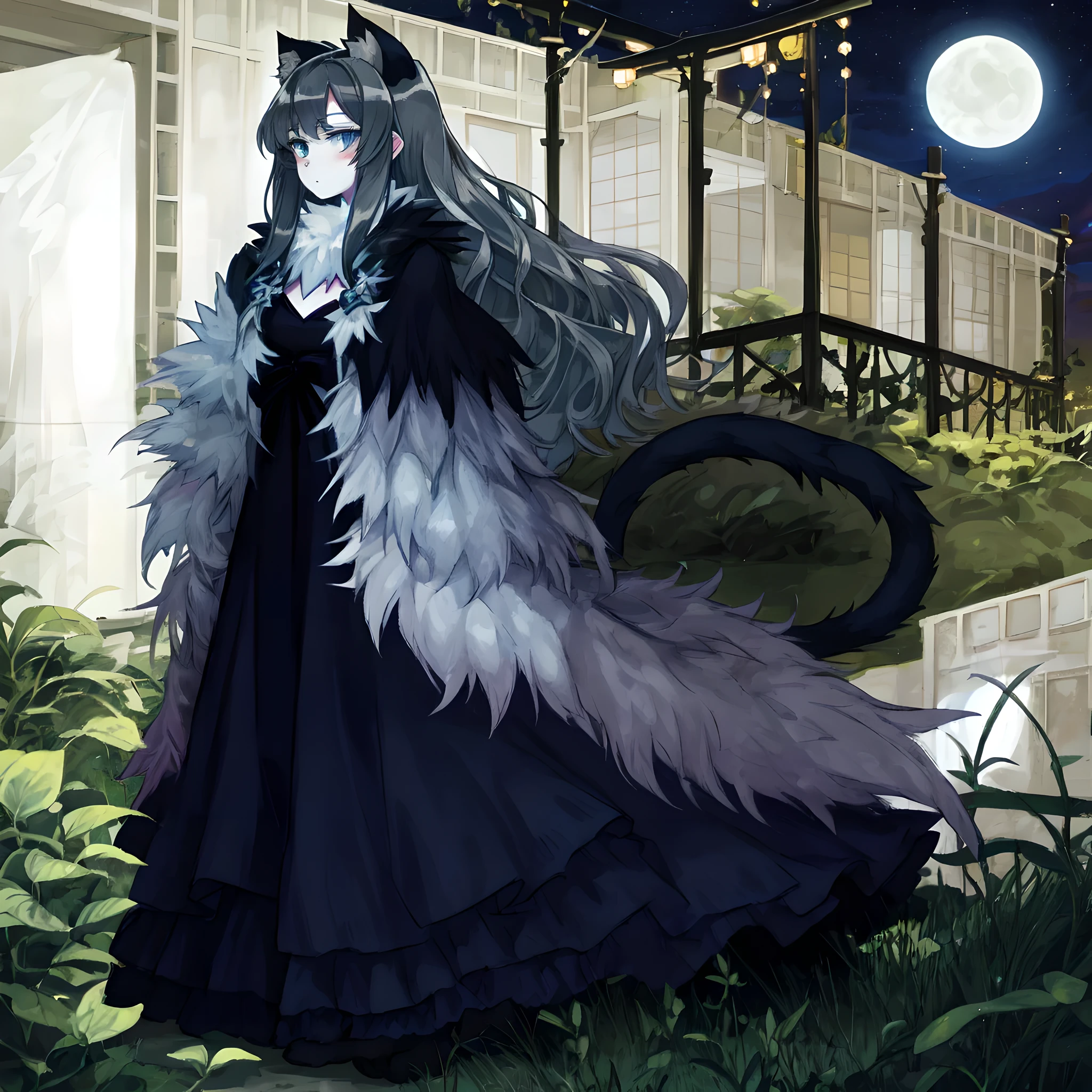 (masterpiece, best quality, ultra-detailed), 1girl, monster girl, cat ears, animal ears fluff, (((cat tail))), long elegant tail, (((silver fur))), fur trimmed dress, fluffy collar, ((pale blue-grey eyes)), (animal hands), claws, pale skin, (long hair:1.6), ((black hair)), back length hair, ((wavy hair)), kenkou cross, kenkou cross style, (((nighttime))), (bioluminescent garden), cowboy shot