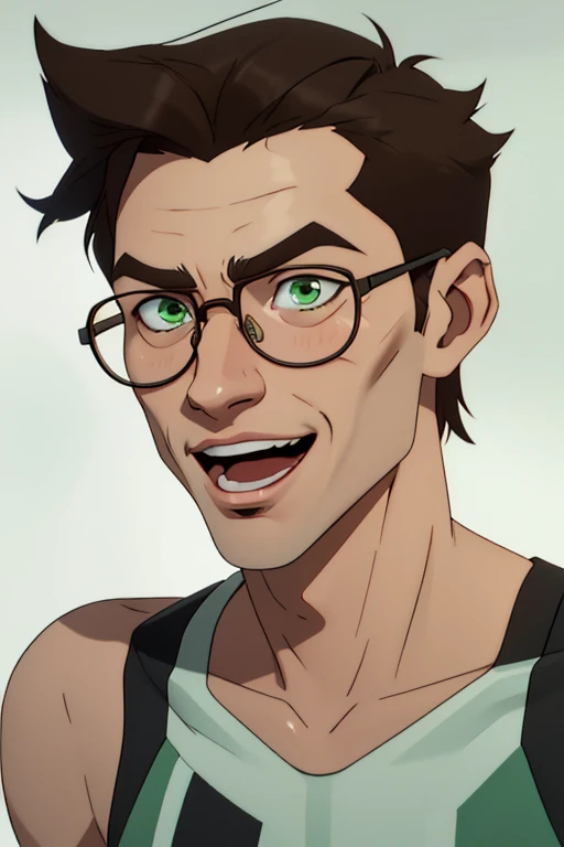 jon, a young guy in his 30s with asymmetric very short brown hair, green eyes with brown specs, a flat nose, smooth skin, slim athletic body, ((look to the side)), different perspectives, open mouth laugh