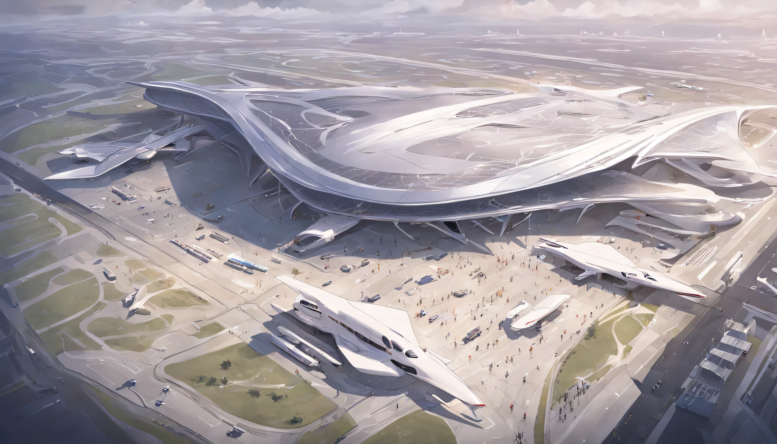 an aerial view of a large airport with a lot of airplanes, no futuro telhado do aeroporto, Directed by: Zha Shibiao, aeroporto, Zaha Hadid Arquitetura, arquitetura de estilo zaha hadid, inspirado em Zha Shibiao, Pequim, Tilt Shift Zaha Hadid Fundo, no estilo de zaha hadid arquiteto, por zaha hadid, spaceport, artistic rendering, inspirado em Zaha Hadid