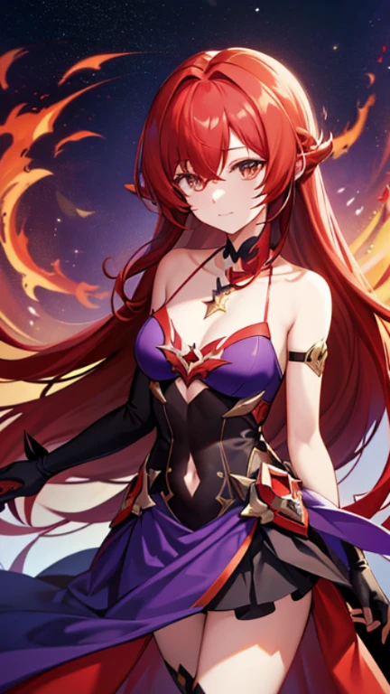 Acheron \(honkai: star rail\),1 girl,Chest,(Red Hair:1.5),magic,fire,energy ball,solo,Long hair,Purple dress,(Golden Eyes:1.5),大Chest,belly button,Looking at the audience,Purple skirt,Gloves,necklace,白色necklace,thigh,One shoulder bare,sword,arms,,Very long hair,紫色Gloves,Cowboy_shot,coat,Hair covering one eye,Standing,Upper body,High heel,