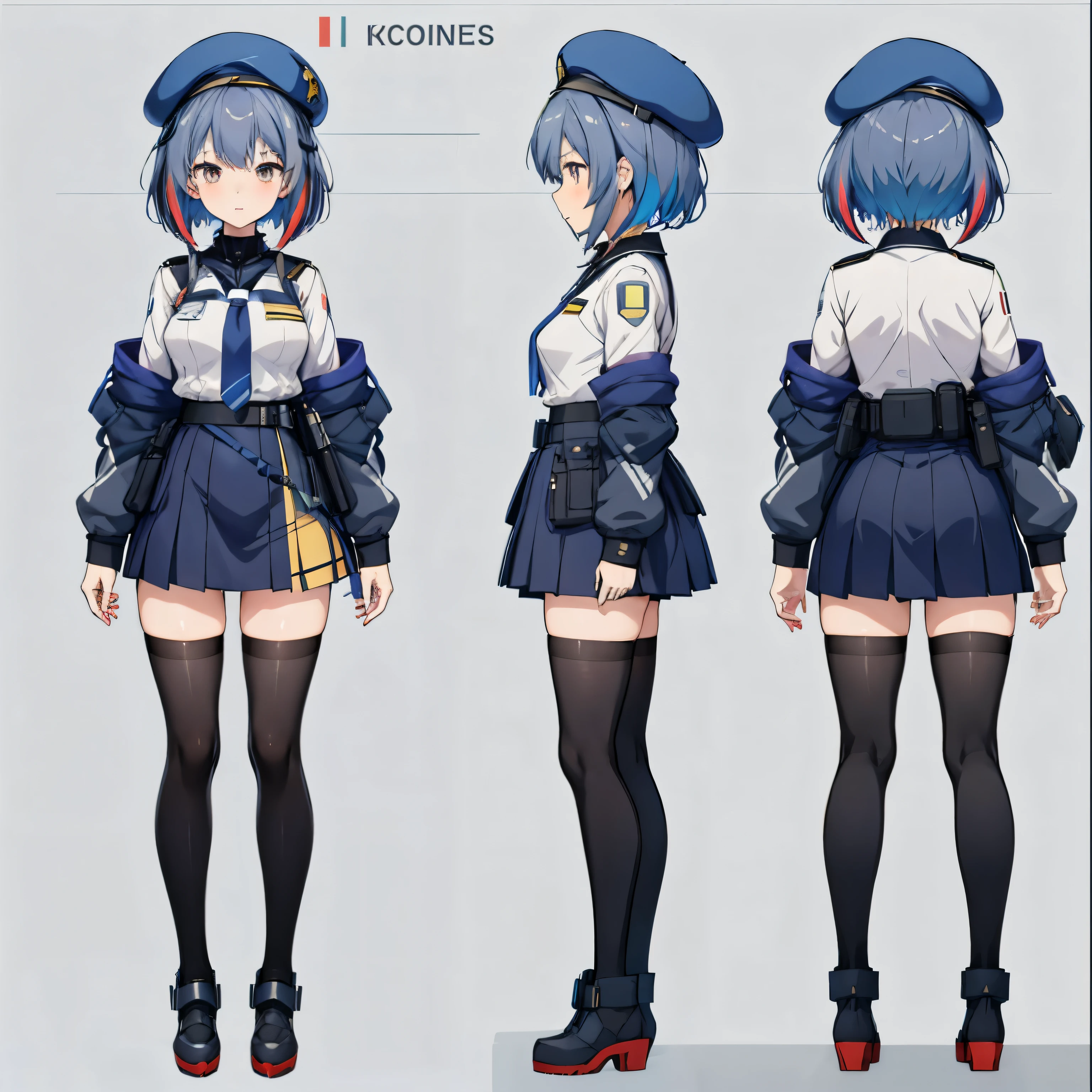 Anime Character Design of a female police officer in uniform, JK Uniform, Anime VTuber Full Body Model, Anime full body illustration, pretty Anime Character Design, Kantai Collection Style, Anime Character Design, Marines , Anime Character Reference Sheet, anime set style, best Anime Character Design, magic uniform, Costume Design, Girls Frontline Style, a school student uniform, Gray Hair, Navy Beret, thigh high socks, multicolored hair