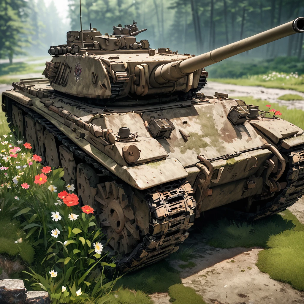 Armored Tank, Rusty broken tank overgrown with wines and moss on a huge sunny flowery field, gorgeous blue sky with clouds and sunbeams, Epic cinematic brilliant stunning intricate meticulously detailed dramatic atmospheric maximalist digital matte painting, masterpiece, best quality, very aesthetic, absurdres
