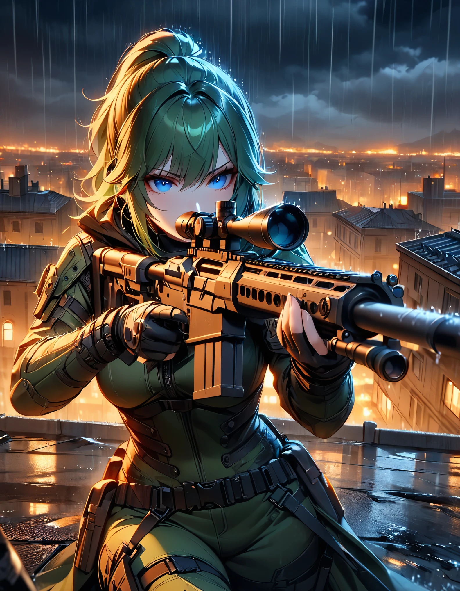 masterpiece, best quality, semi-realistic, 1girl, assassin, age 24, mature lady, green hair, medium hair, ponytail, blue eyes, tall woman, holding and aiming a sniper rifle with suppressor and scope, tactical headset, rain, eastern european backdrop, night, rooftop, dark brooding atmosphere, green bodysuit, combat boots, calm and calculated, standing