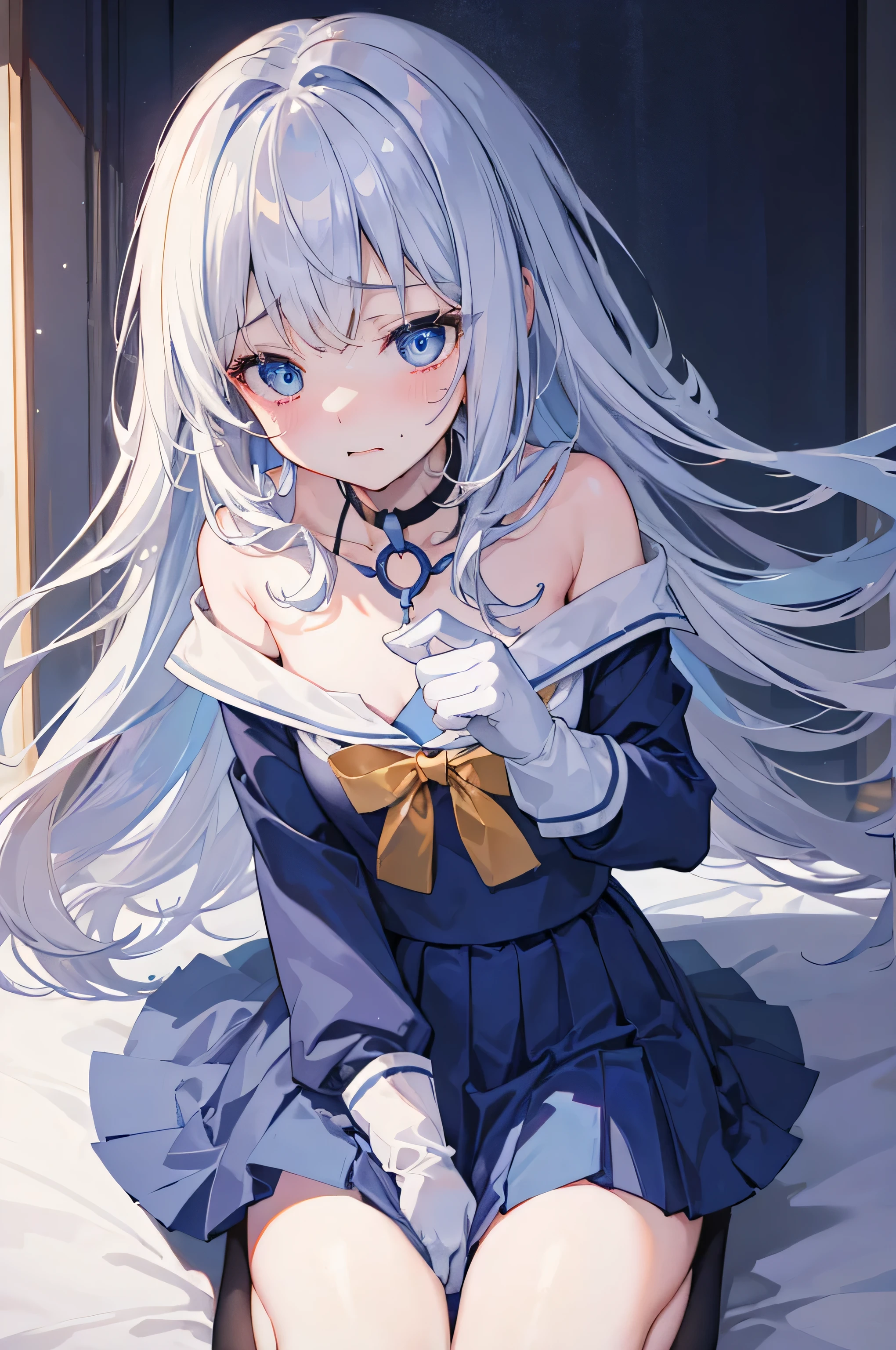 (8K, highest quality, masterpiece:1.2),(Blue colored eyes),((Clothing Details)),High-definition CG Unity 8K, concentrated, Realistic, Shadow, Soft lighting, Gray Hair, Flutter Hair, nice, A gentle smile, Sailor suit, Blue Skirt、Long sleeve, ribbon, gloves, Choker Noble Necklace. (blush:1), Knee socks、 Embarrassed look、The expression of someone who is holding back from going to the toilet, (Sexual pleasure expression:1.4), (Anguished expression:1.2)、close your eyes、Sexy appearance、Look Up、Mouth half open、whole body