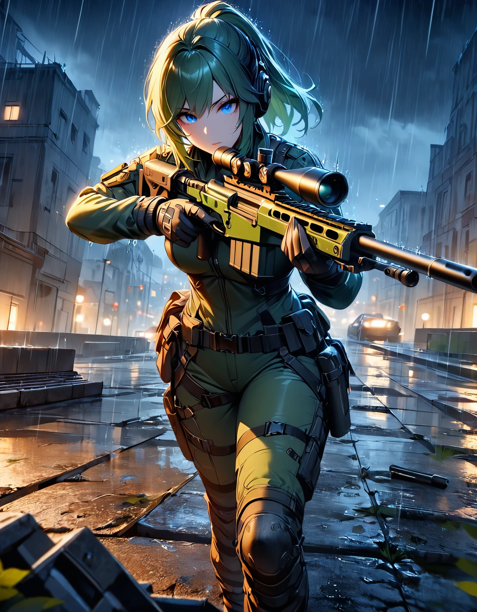 masterpiece, best quality, semi-realistic, 1girl, assassin, age 24, mature lady, green hair, medium hair, ponytail, blue eyes, tall woman, holding and aiming a sniper rifle with suppressor and scope, tactical headset, rain, eastern european backdrop, night, rooftop, dark brooding atmosphere, green bodysuit, combat boots, calm and calculated, standing