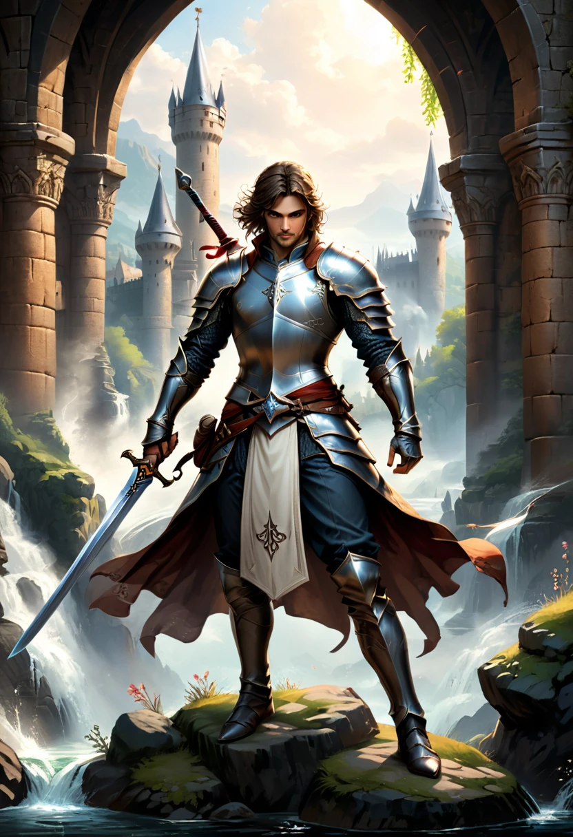 Sworasman, with sword, dynamic pose, medieval setting, detailed background, (masterpiece, best quality, Professional, perfect composition, very aesthetic, absurdres, ultra-detailed, intricate details:1.3)