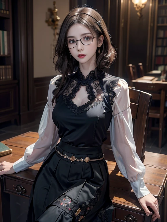 (Realistic、High resolution:1.3),alone, One Girl, masterpiece, highest quality, Very detailed, Cinema Lighting, Intricate details, High resolution, Official Art, Beautifully detailed face and eyes, High resolutionのイラスト, 8k, (Short Bob Hair), Ash Brown Hair:1.3, Very thin body, ((Long skirt、Black lace blouse :1.3)) Blue High Heels,Fishnet tights, blue eyes, Glasses, Conceit, Sit on a chair, Big Breasts, White shirt, Book_stack, library, ((vine)), Looking at the audience
