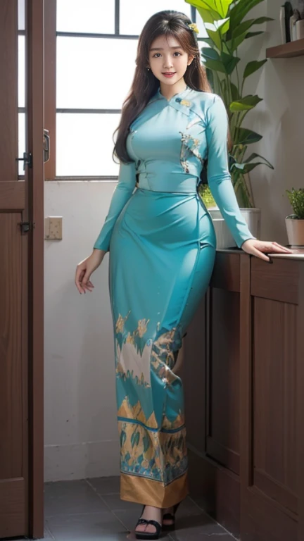 Burmese girl with attractive curvy full body.  Friends full-length bikini, (green dress) reflective long dress painted with flower patterns, only dress.  hi gh hips  High resolution  High resolution  natural background  High resolution  HD  3D,  8K cartoon anime 