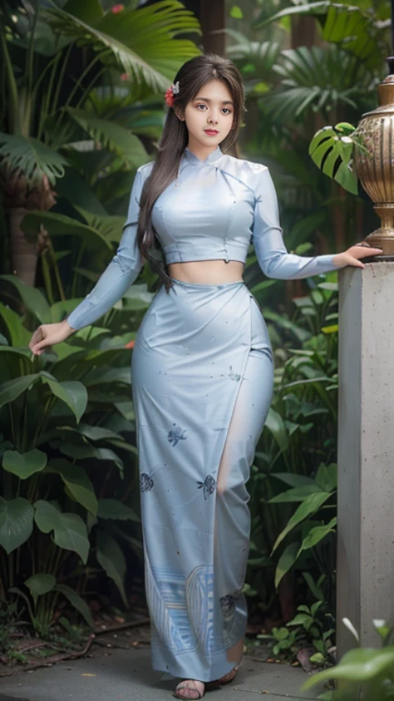 Burmese girl with attractive curvy full body. Friends full-length bikini, (green dress) reflective long dress painted with flower patterns, only dress. hi gh hips High resolution High resolution natural background High resolution HD 3D, 8K cartoon anime