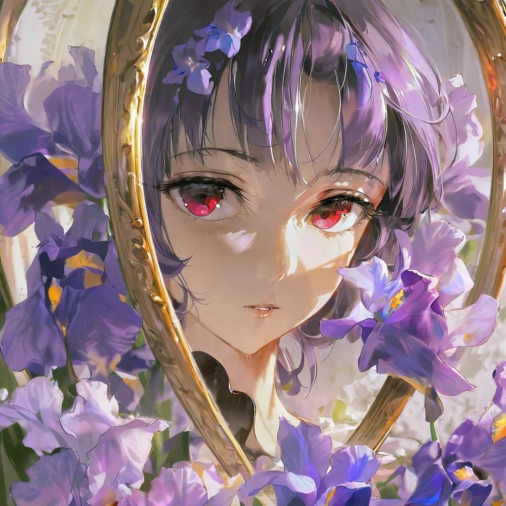 ((highest quality)), ((masterpiece)), (detailed), Perfect Face, Iris flower, purple flower , oil painting style