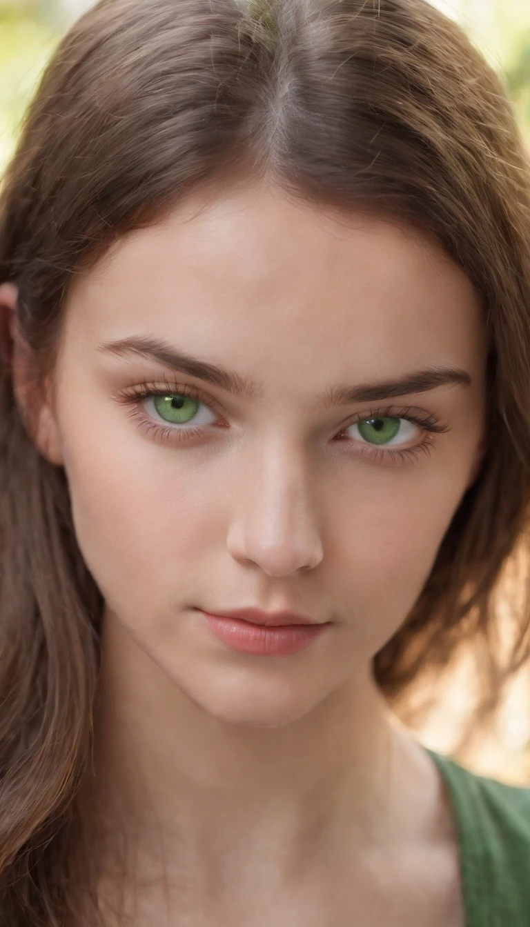 A realistic photo shot of a head face , 19 year old girl who has  bright green eyes. Her look could be a beauty of the etheopia. 