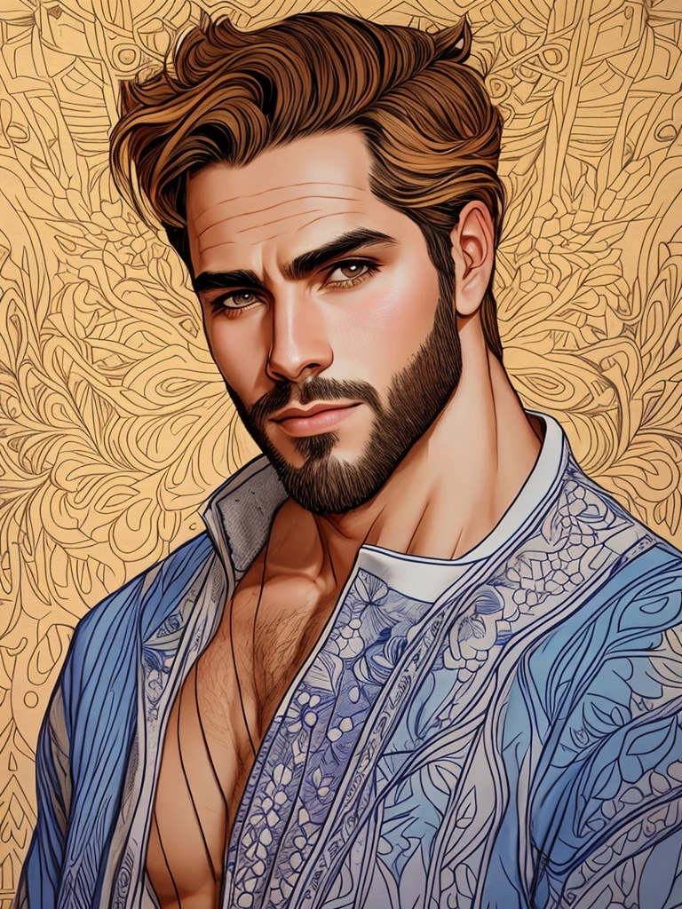 um desenho de um homem com barba e camisa, retrato masculino da fantasia, Homem extremamente detalhado, desenho digital detalhado, detailed illustration portrait, bela arte de linha, bonito rosto detalhado, Arte de linha intensa, arte digital altamente detalhada, retrato altamente detalhado, retrato de arte de linha, arte digital muito detalhada, arte de linha requintada, bonito impressionante realista, arte digital altamente detalhada