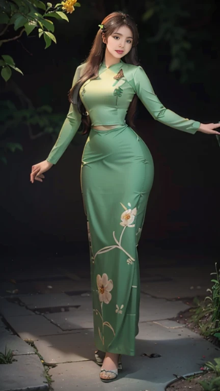 Burmese girl with attractive curvy full body.  Friends full-length bikini, (green dress) reflective long dress painted with flower patterns, only dress.  hi gh hips  High resolution  High resolution  natural background  High resolution  HD  3D,  8K cartoon anime 