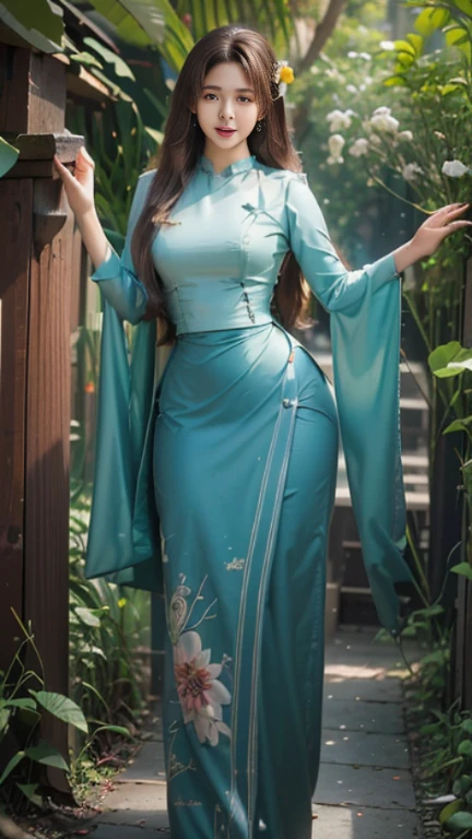 Burmese girl with attractive curvy full body. Friends full-length bikini, (green dress) reflective long dress painted with flower patterns, only dress. hi gh hips High resolution High resolution natural background High resolution HD 3D, 8K cartoon anime
