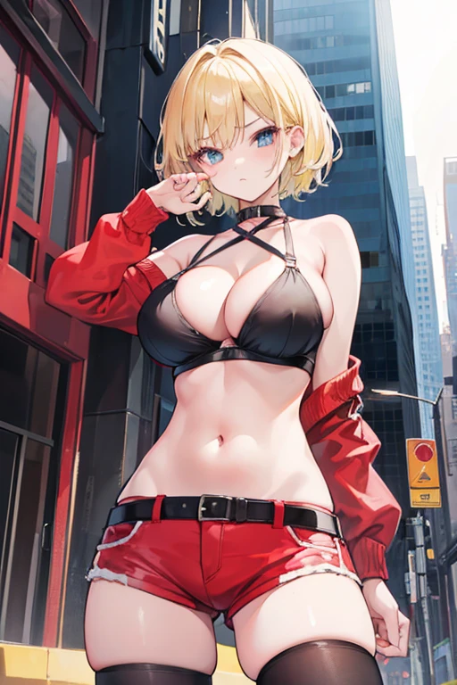 1girl, ager, big breast, blonde hair, short haired, black bra, red hot pants, cleavage, model gesture, city background.