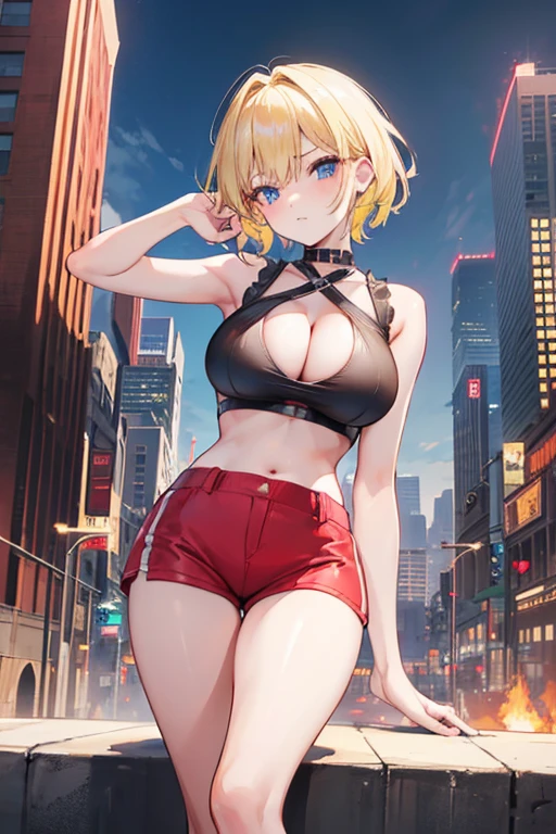 1girl, ager, big breast, blonde hair, short haired, black bra, red hot pants, cleavage, model gesture, city background.