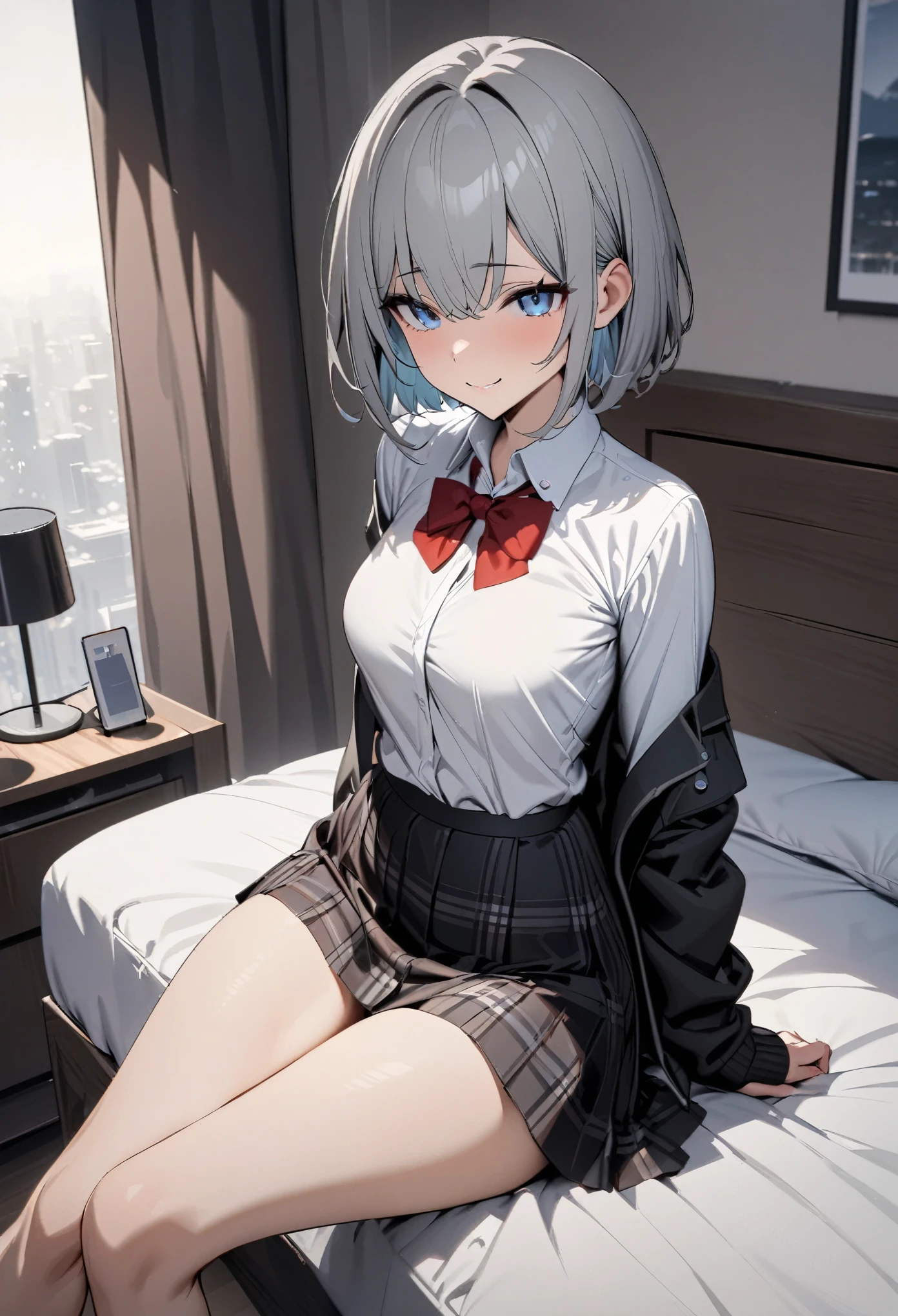 masterpiece, highest quality, High resolution, One girl, Gray Hair, Short Bob, , Blue eyes, Medium chest, Red bow tie, , Black jacket, Open jacket, Brown cardigan, White shirt, Black Skirt, Checked skirt, Sitting, At the bed, smile, room,