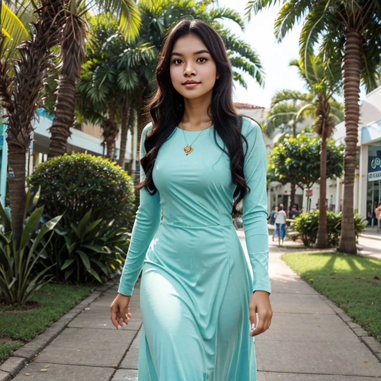 Sweet beautiful Bogor city girl, sweet georgeus face, 22 years old, descent mixed from sundanese and javanese, slim body, wavy hairs, high heel,long sleeve  dress, long skirt, realistic, very detail, no cartoon, walking on Bogor modern mall in the sunny morning, sun shine through her clothes,