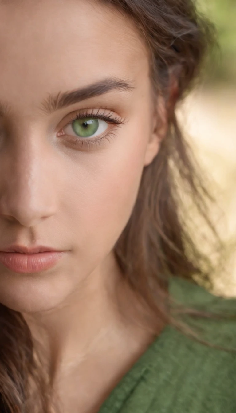 A realistic photo shot of a head face , 19 year old girl who has bright green eyes. Her look could be a beauty of Eritrian girl.