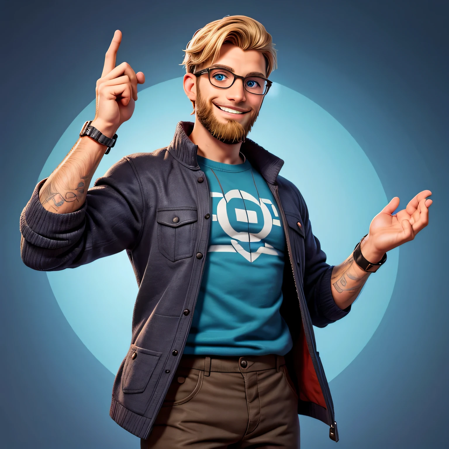 Desenhe um homem nerd usando uma roupa de moletom cinza. He has rounded glasses, cabelo curto, pouco cabelo, cabelo ralo, he should be blond with blue eyes and a beard. He is smiling and has his arm outstretched, convidando as pessoas com entusiasmo. The design should convey a sense of inspiration and motivation