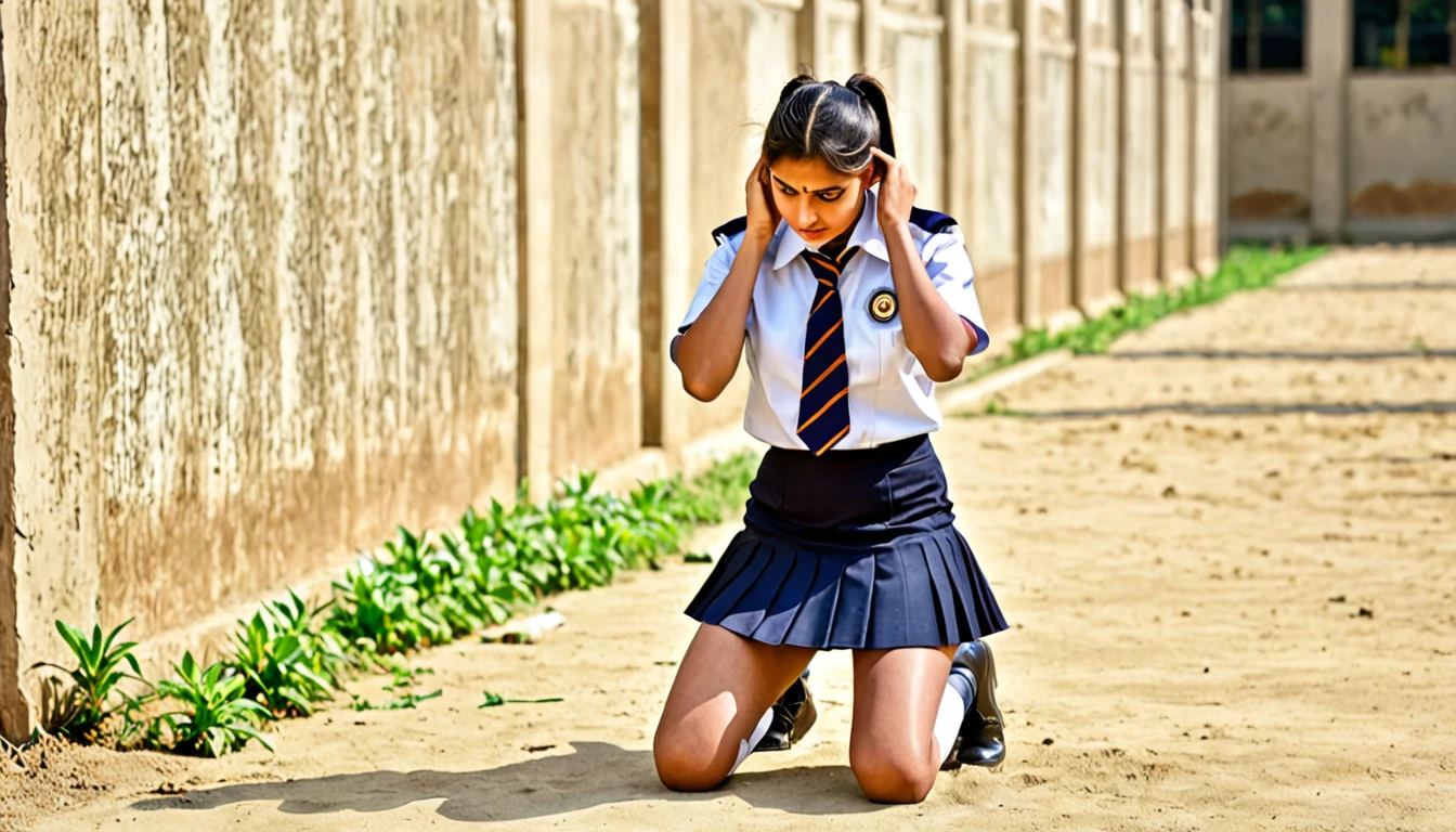 Indian women,2 pony tails, wearing skirt uniform, kneeling down punishment , with back straight, holding ears with both hands , in Play ground in college in punishment facing wall