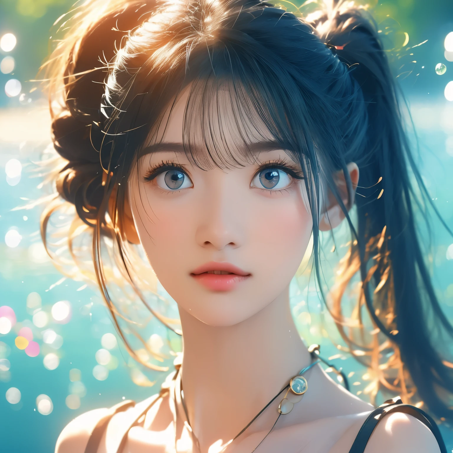 (masterpiece), (best quality), (Ultra Detailed),(Messy hair),(illustration), (1 Girl), (Fashion Clothing), permanent, fashion model, Looking at the audience, (interview), (Simple background),Beautiful and delicate eyes, Delicate and beautiful face, floating,(High Saturation),(Colorful splash),Colorful bubbles,(shining), focus on face, Ponytail, Kamisato Ayaka, light blue hair, Bangs, Hair ring, floating花朵, Floating hair, (shining), Optimal lighting, The best shadow,