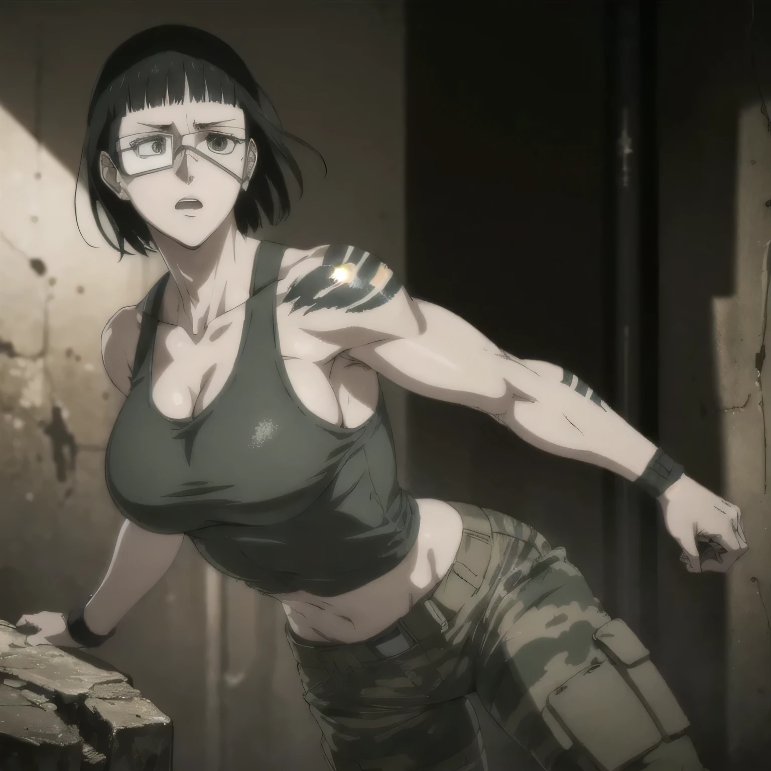 (best quality,ultra-detailed,realistic:1.37),musclaur badass girl wearing Camouflage tank top Camouflage combat trousers, full review of the female character's face and body, intense expression, strong and confident posture, studio lighting, vivid colors, physiologically-based rendering, grungy texture, rugged background, dust particles in the air, commanding presence, professional, powerful, gritty aesthetics,,Valmet،short hair,climbing a mountain,tattoos on shoulders