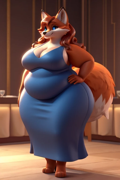 a female anthro fox in a fancy restaurant, furry, thicc, thick, thick thighs, chubby, wide hips, bottom-heavy, plump, wearing a long tight blue dress, tight dress, casual dress, copper hair, long hair, wavy hair, fluffy, fox, blue eyes, smiling, fat, plump belly, tail, fox tail,,, a cute 3D icon of undefined, cartoon 3D icon, very cute shape, stylized octane render, 8k, masterpiece, soooo cute, beautiful cute perfection, beautiful soft lighting, soft colors, centered, high resolution, undefined, soft gradient background