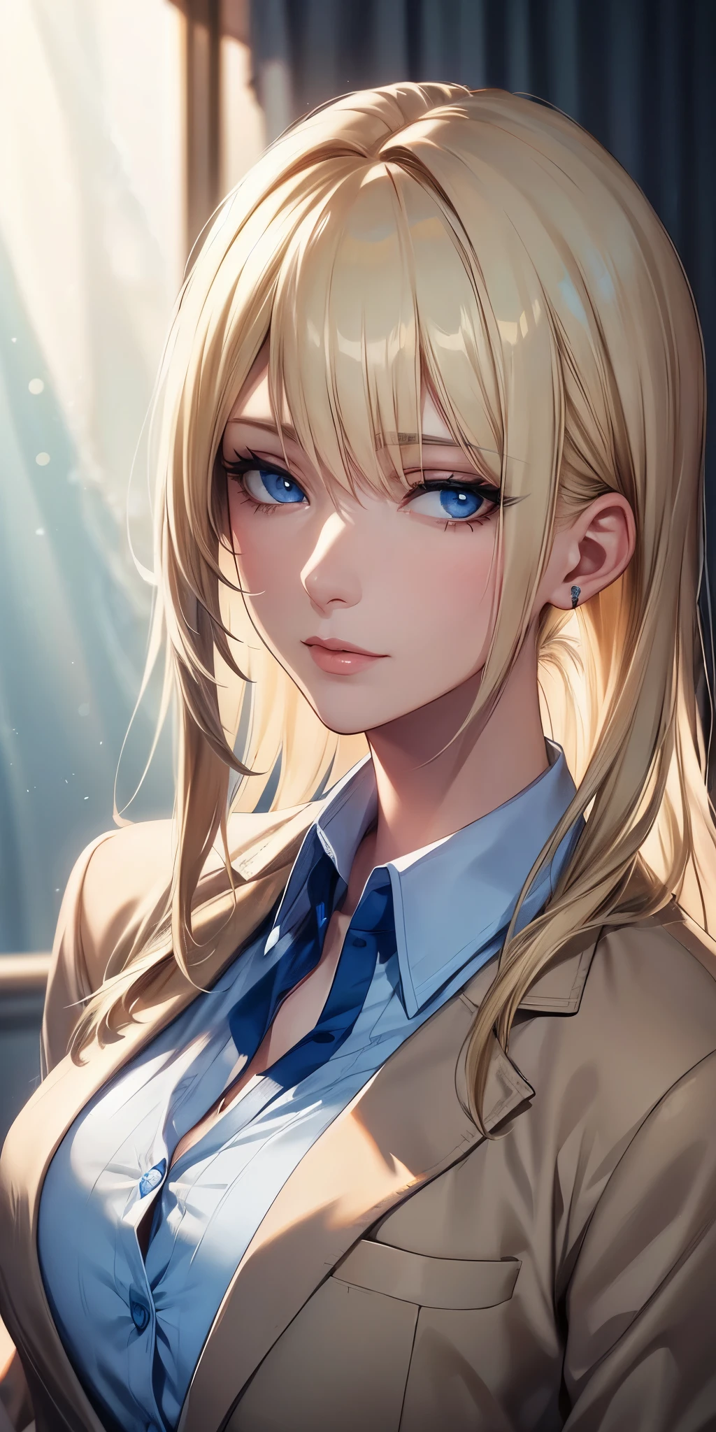 portrait, realistic, sexy mature woman, blue eyes, blonde hair, 4k resolution cg, beautiful cg, soft light