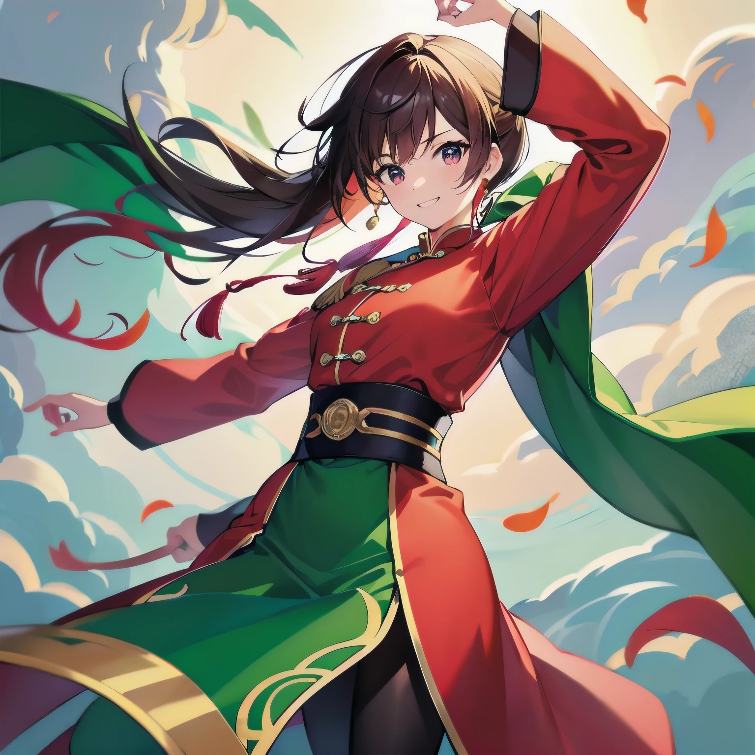 [(deep red:1.5),::5], (((masterpiece))), high quality, Very high resolution, Large file size, Full Color, ((boy)), short green hair, Bright colors, Red Eye, (Wind effect), anime, (Green Chinese clothing), (smile)