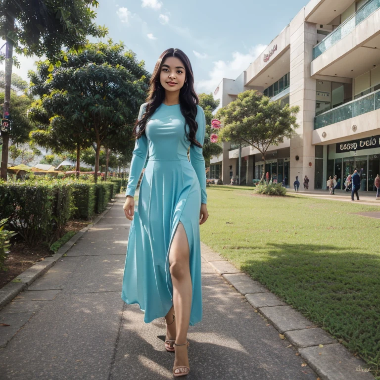 Sweet beautiful Bogor city girl, sweet georgeus face, 22 years old, descent mixed from sundanese and javanese, slim body, wavy hairs, high heel, long sleeve  dress, long skirt, very realistic, very detail, no cartoon, walking on Bogor modern mall in the sunny morning, sun shine through her clothes,