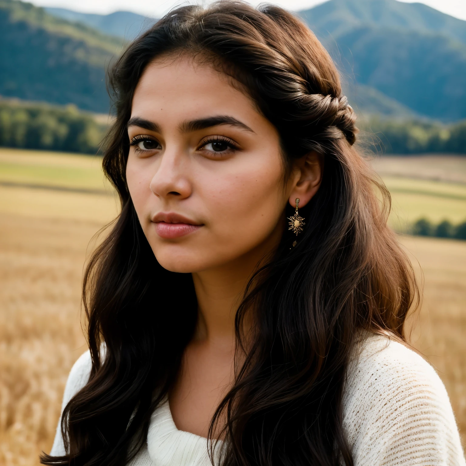 Poetic person originally from Bolivia, ((con melenas oscuras)), ((cabello lustroso)), dark curly hair, ((cara hermosa)), beautiful face, ((ojos negros)), black eyes, ((vestido de lana)), woolen sweater, ((mirando el horizonte, posando eleganta)), looking at the horizon with an elegant pose, ((en el campo)), in the field, ((retrato pulcro)), beautiful portrait, ((fotografiado con Canon)), taken with a Canon camera, ((supremo detalle)), superior detail, ((retro)) style, ((belleza pura)), pure beauty, ((nostalgic atmosphere