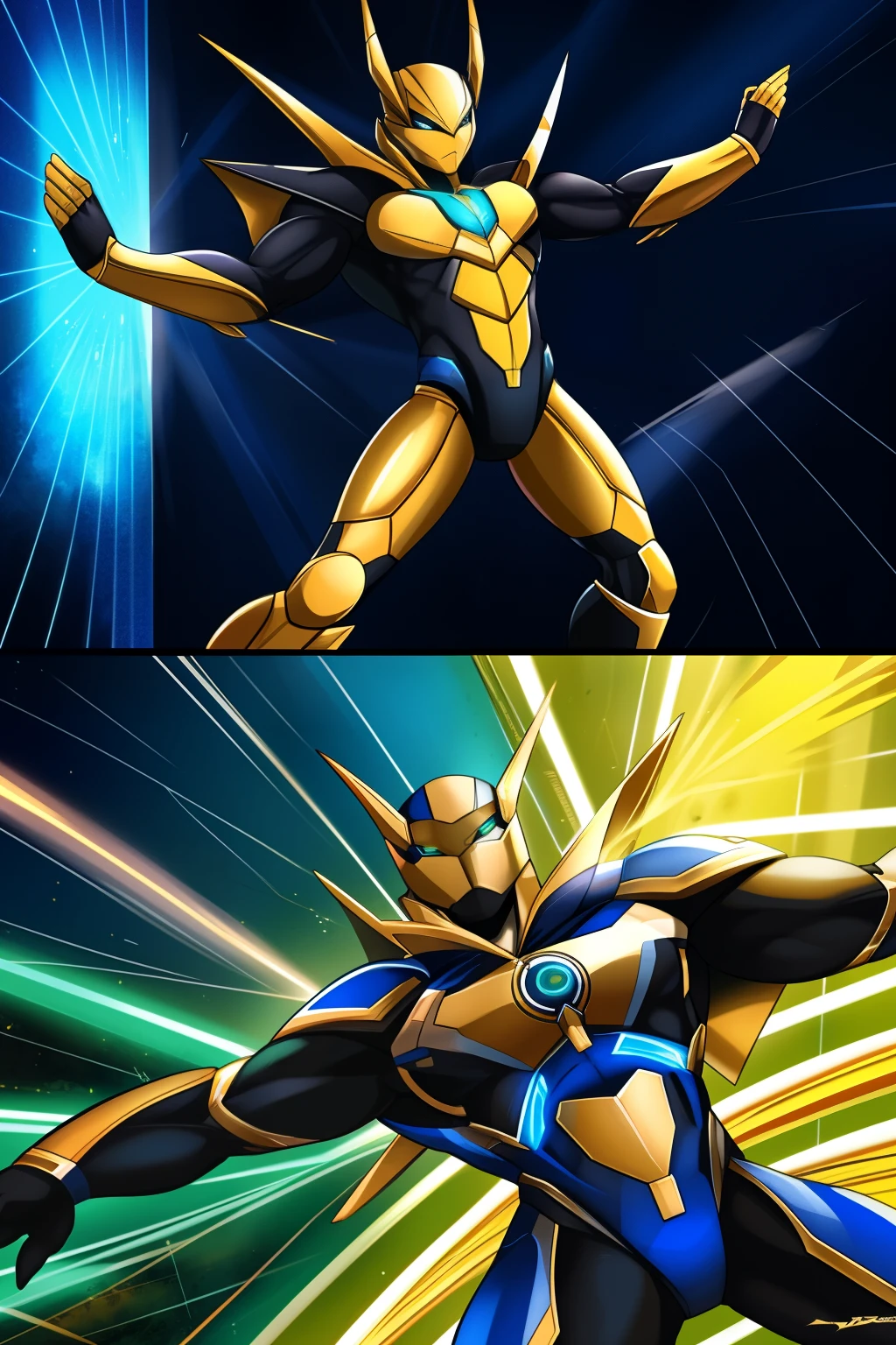 In the captivating world of comic books, a intricately drawn figure of a personified spider character comes to life. The original comic book art by an accomplished artist brings out the essence of dark green and gold, highlighting the animated action as the spider's metallic rotating limbs dance in perfect harmony. With the graphics reminiscent of an Xbox 360 game, the scene shines bright in a spectacular fusion of superheroes and sci-fi. The light blue and yellow palette adds a vibrant and dynamic energy to the illustration, ensuring a masterpiece of ultra-high quality that is sure to leave you in awe.
((By Person X, by DarkCom
