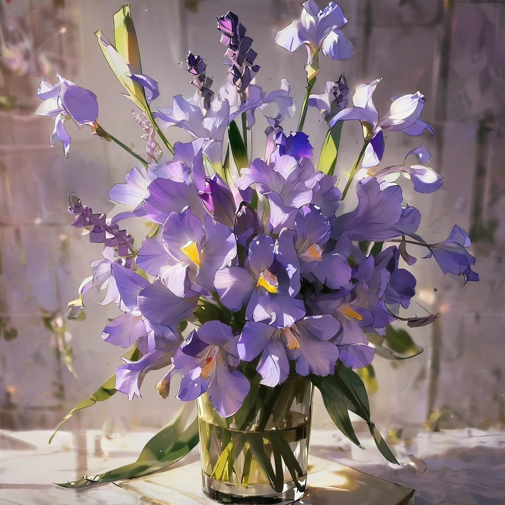 ((highest quality)), ((masterpiece)), (detailed), Iris flower, purple flower , oil painting style