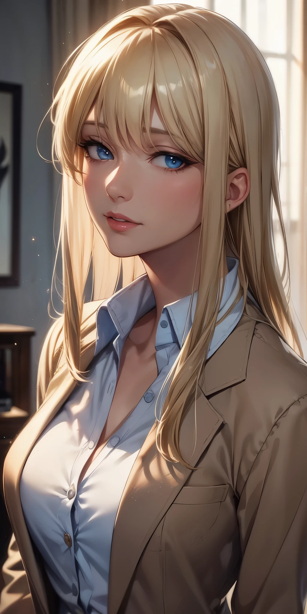 portrait, realistic, sexy mature woman, blue eyes, blonde hair, 4k resolution cg, beautiful cg, soft light