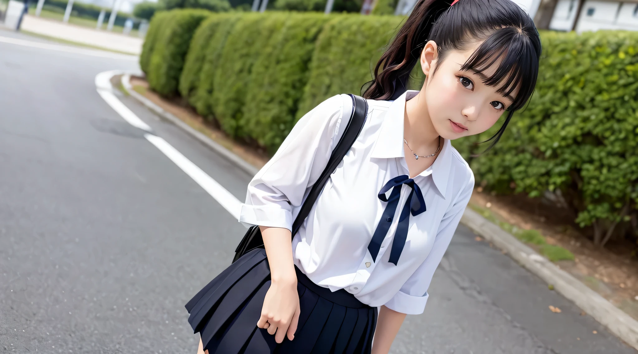 Japanese high school girl wearing a white blouse, Black pleated skirt, The look of temptation、Side Up、ponytail、curly hair、walk along the seaside