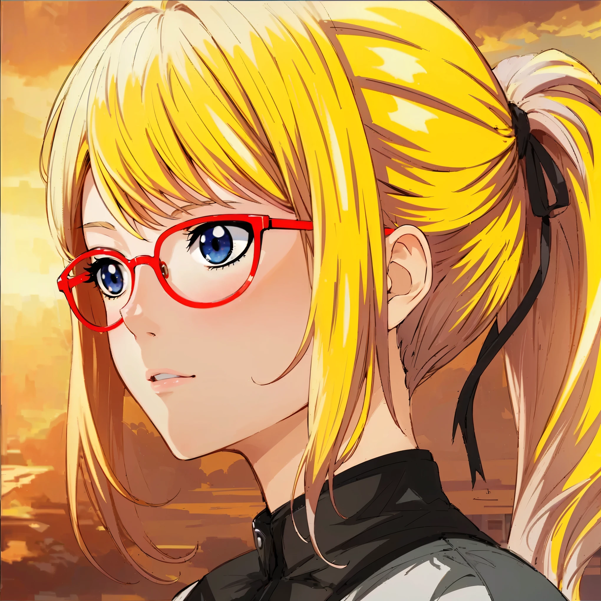 (best quality,4k,8k,highres,masterpiece:1.2),ultra-detailed,(realistic,photorealistic,photo-realistic:1.37),HDR,UHD,studio lighting,ultra-fine painting,sharp focus,physically-based rendering,extreme detail description,professional,vivid colors,bokeh,anime,portraits
A beautiful anime blonde girl with sparkling blue eyes, wearing red glasses that add a touch of sophistication to her appearance. She has a stylish ponytail tied with a black ribbon, which contrasts perfectly with her vibrant hair color. Her expressive face features rosy cheeks and a cute smile, revealing a friendly and cheerful personality.
The girl is wearing a stylish black shirt with white arm bands, creating a trendy and fashionable look. The shirt perfectly complements her slender figure and adds a modern touch to her overall style. The high-quality fabric of the shirt is clearly visible, with intricate and detailed textures that give it a lifelike appearance.
The scene is set against a beautifully painted background that resembles a picturesque park. Lush green trees and vibrant flowers create a pleasant and serene atmosphere. Soft sunlight filters through the trees, casting warm rays of light on the girl's face, further enhancing her radiant beauty.
The exquisite details of the artwork are brought to life through the use of advanced rendering techniques, resulting in a visually stunning image. The colors are vivid and rich, with a wide range of tones and hues that add depth and dimension to the scene. The sharp focus and ultra-fine painting style showcase the artist's meticulous attention to detail.
The overall art style combines elements of anime and portrait painting, creating a unique fusion of traditional and contemporary aesthetics. The anime-inspired features of the girl are beautifully portrayed, capturing the charm and allure of the character. The portrait-like quality adds a sense of intimacy and personal connection to the artwork.
The color palette of the image is carefully chosen