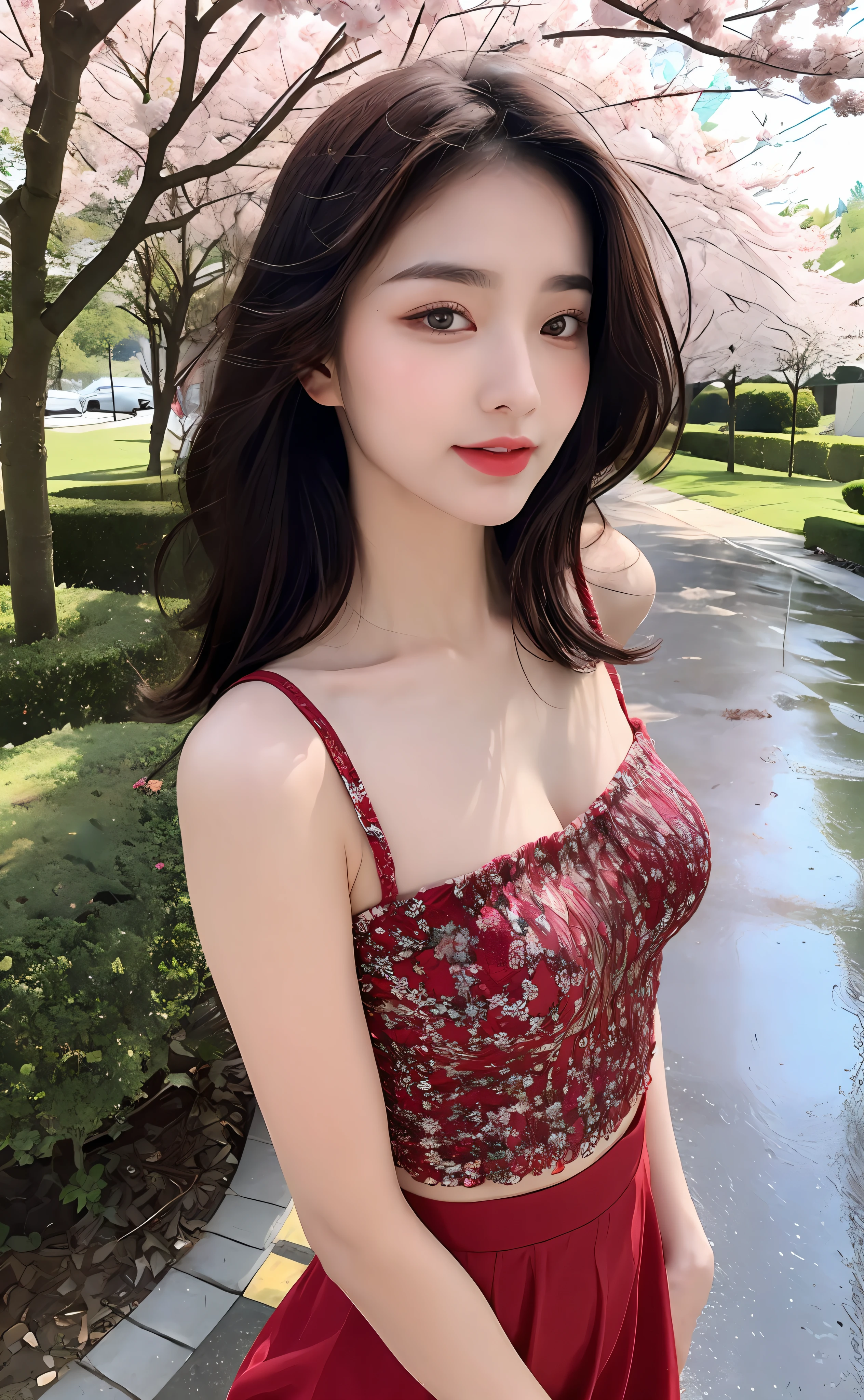 ((best quality, 8k, Masterpiece: 1.3)), Point of interest: 1.2, perfect body beauty: 1.4, hip: 1.2, ((Laminated haircut)), (Wet clothes: 1.1), (rain, road:1.3), Tulle, plain skirt, (red dress: 1.2), soft style, The textures of the skin and face are rich in detail., delicate eyes, Double eyelids, white, Long and curly hair, (shut your mouth: 1.5), Bare shoulders, cherry blossoms in the background, Selfie camera